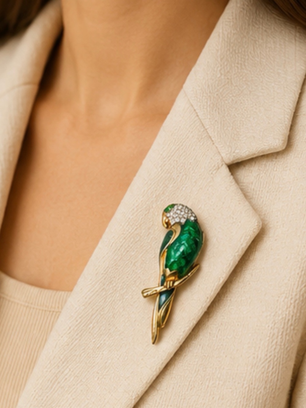 Vintage‎ Green Parrot Brooch with Crystal Accents